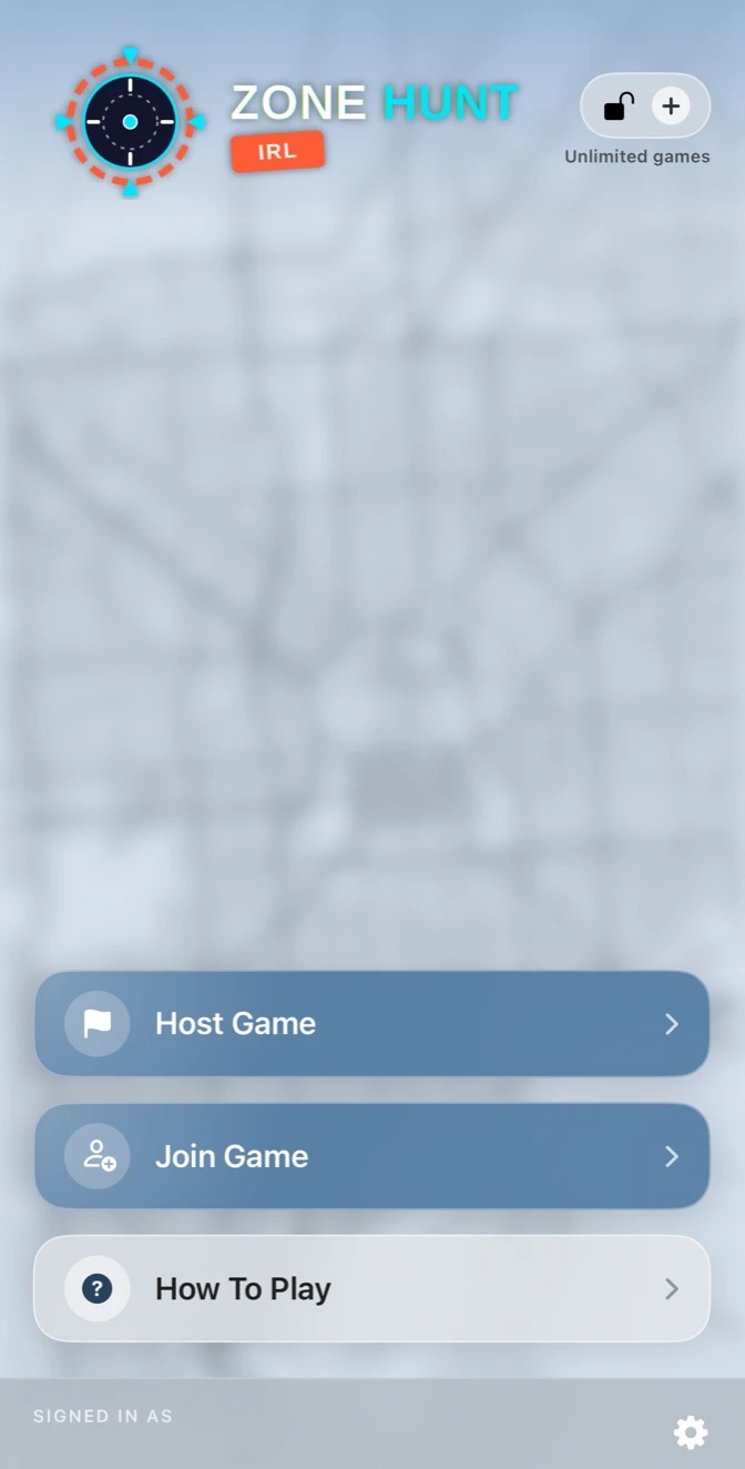 Zone Hunt home screen, with Host Game and Join Game buttons