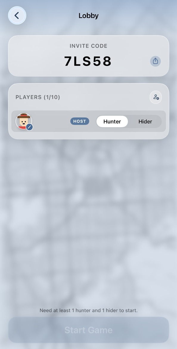 Zone Hunt lobby screen, with an invite code and player roster
